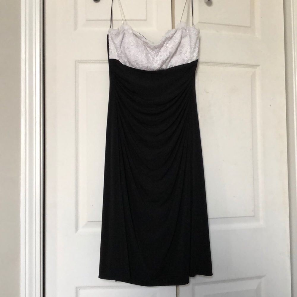 White Lace and Black Knee Length Semiformal Dress